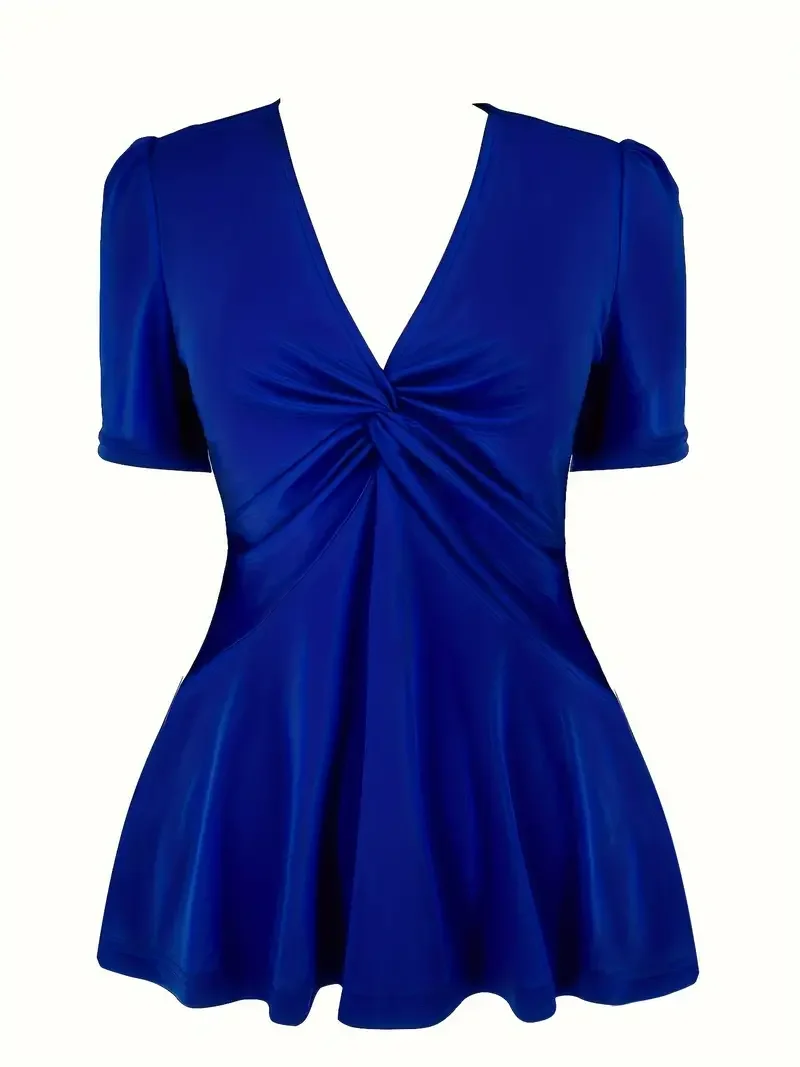 Letnia damska koszula Plus Size 0XL-5XL z dekoltem w kształcie litery V, pochlebna, z krótkim rękawem, modna, Twist Detail Premium Casual Wear dla kobiet — zdjęcie 4