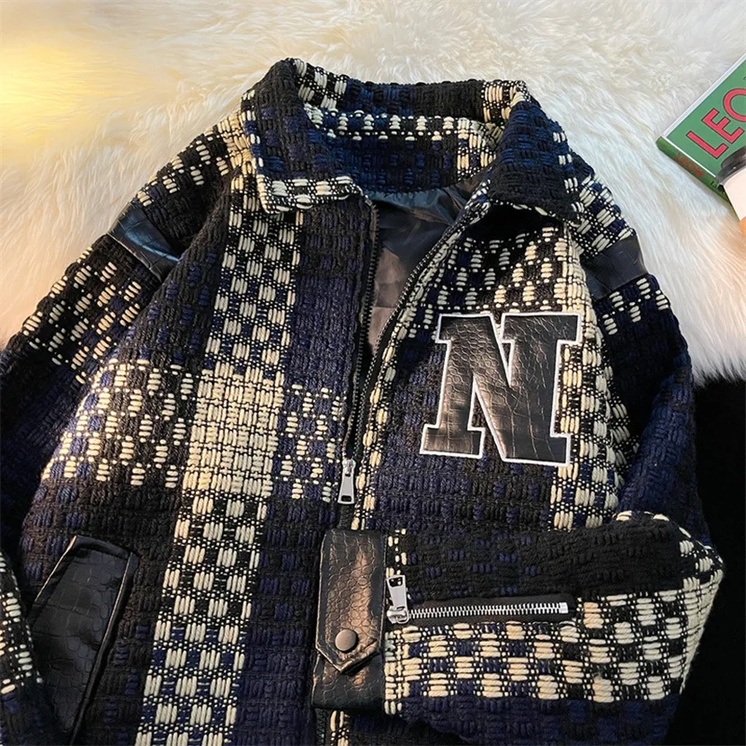 

Preppy Plaid Jaet Men's Casual Turn-down Collar Loose Fit Autumn Top Youth Trendy Windproof Zipper Closure Side kets