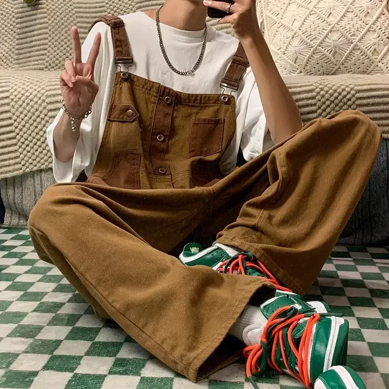 Fashion Japanese Brown Casual Daily Denim Overalls Men's Summer Oversize Pants High Street Trousers Male Clothes