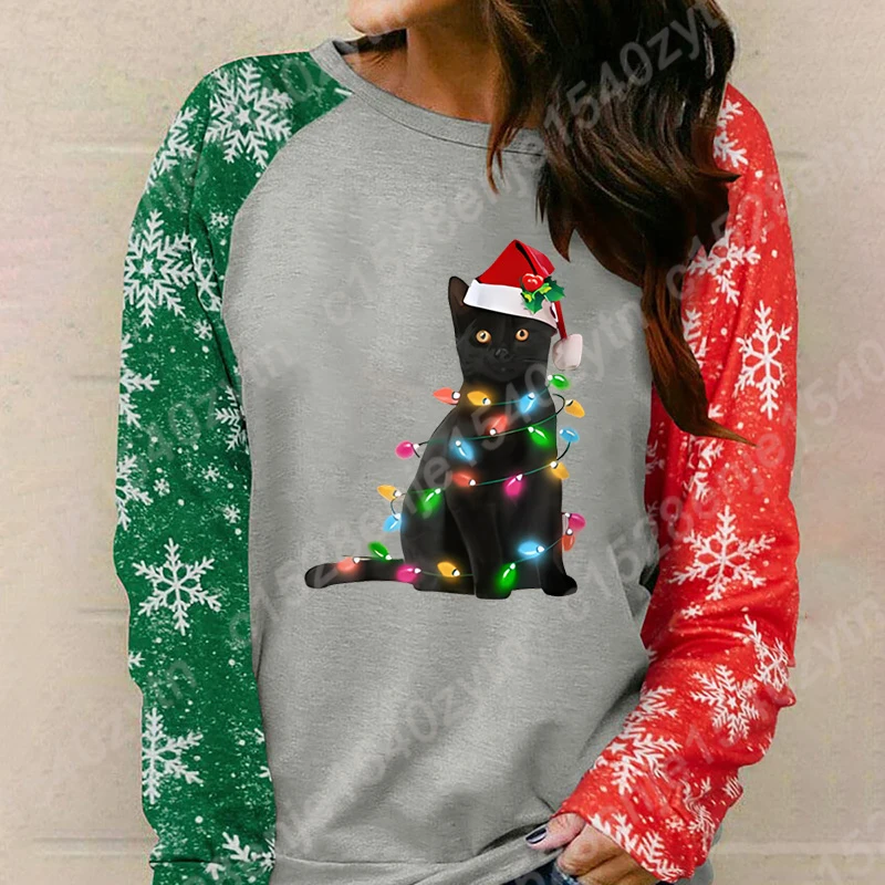 Fashion Clothes Women Long Sleeve Pullover Christmas Black Cat Christmas Light Sweatshirts Ladies T Shirts O-neck Loose T-shirts