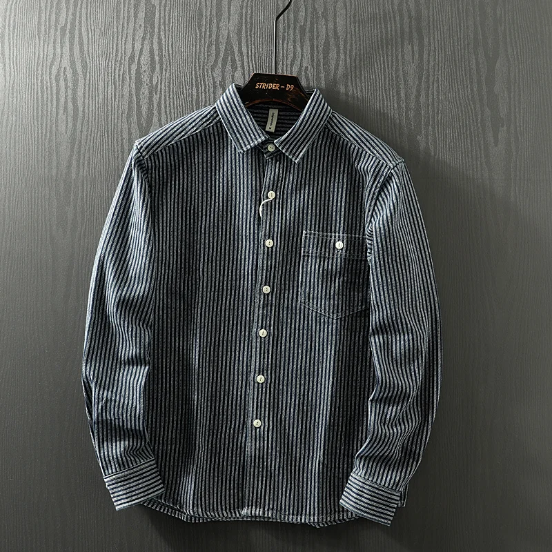 Heavyweight Washed Blue White Striped Trade Men's Europe Lapel Long-sleeved Shirt Outdoor Trekking Tooling Overshirt Camp Blouse