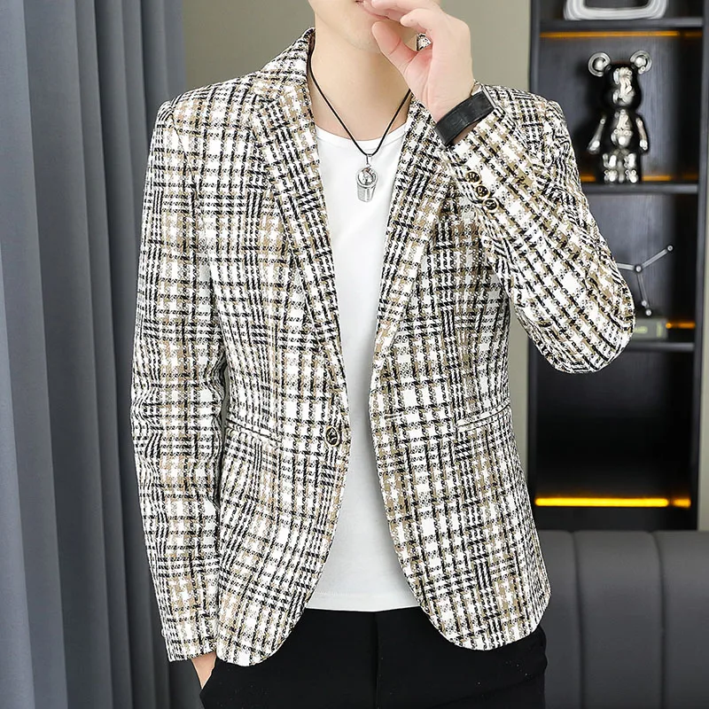 Blazer Men\'s Fashion Gentleman Business Outdoor Travel Plaid Slim-fit Korean Version of The Trend Handsome Youth Casual Blazer