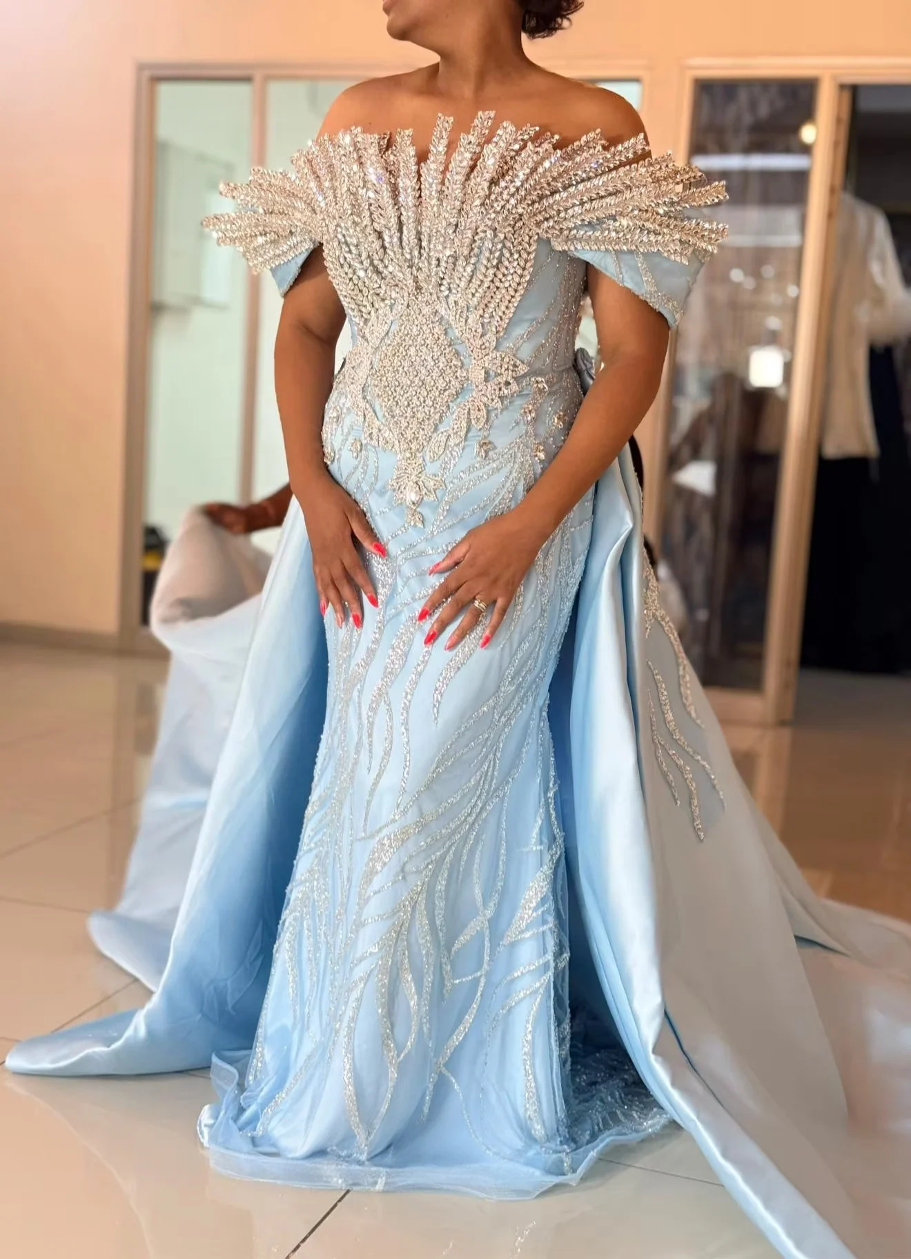 Sky Blue Long Evening Dresses Mermaid Luxury Beaded Saudi Arabia Dubai Robe De Soiree Middle Eastern Prom Dress Gown Customized