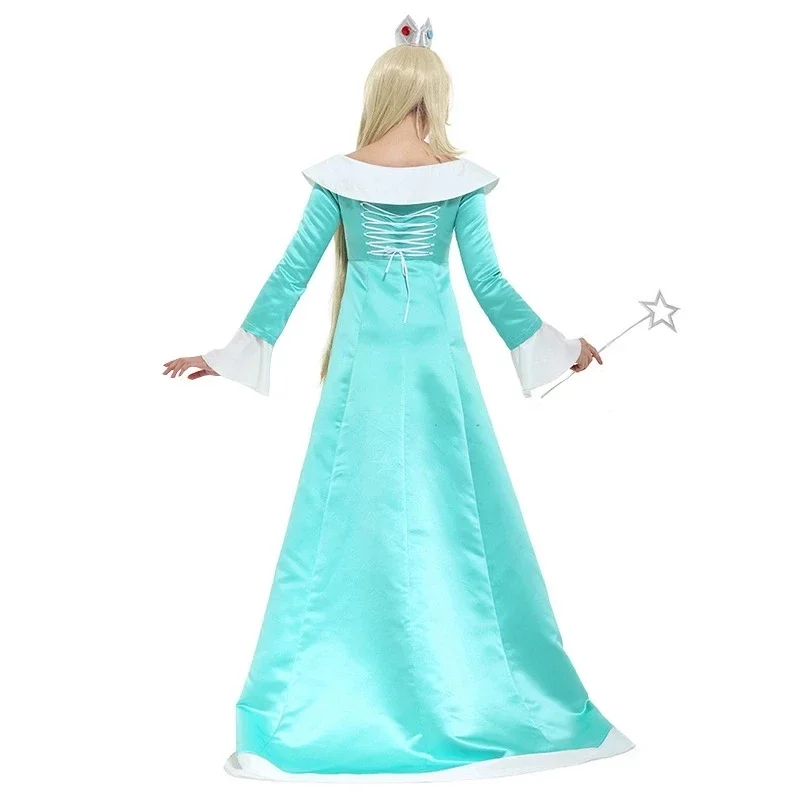 Galaxy Rosalina Cosplay Kostuum Met Kroon Oorbellen Vrouw Lichtblauwe Jurk Halloween Party Outfit