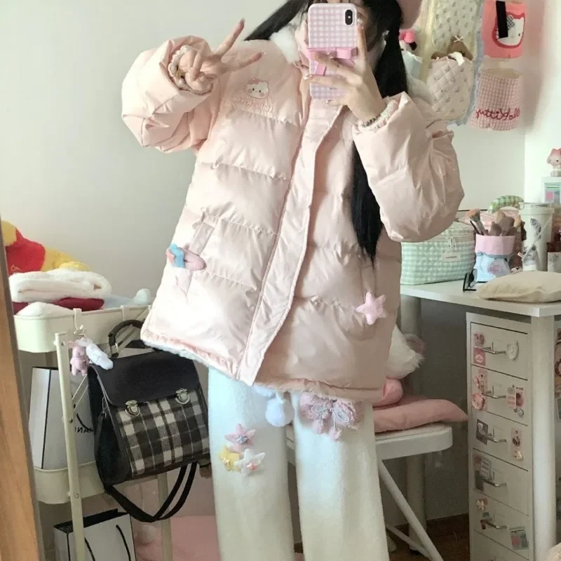 Winter HelloKitty Cinnamoroll Double-Sided Cotton Coat for Girls Sanrioed Christmas Cartoon Embroidery Plus Velvet Kawaii Jacket