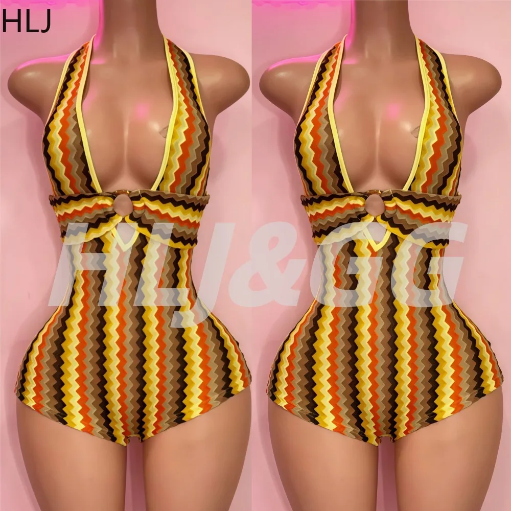 

HLJ Summer Bohemian Striped Patchwork Bodycon Rompers for Women Halter Sleeveless Backless Jumpsuit Party Nightclub 2026 New