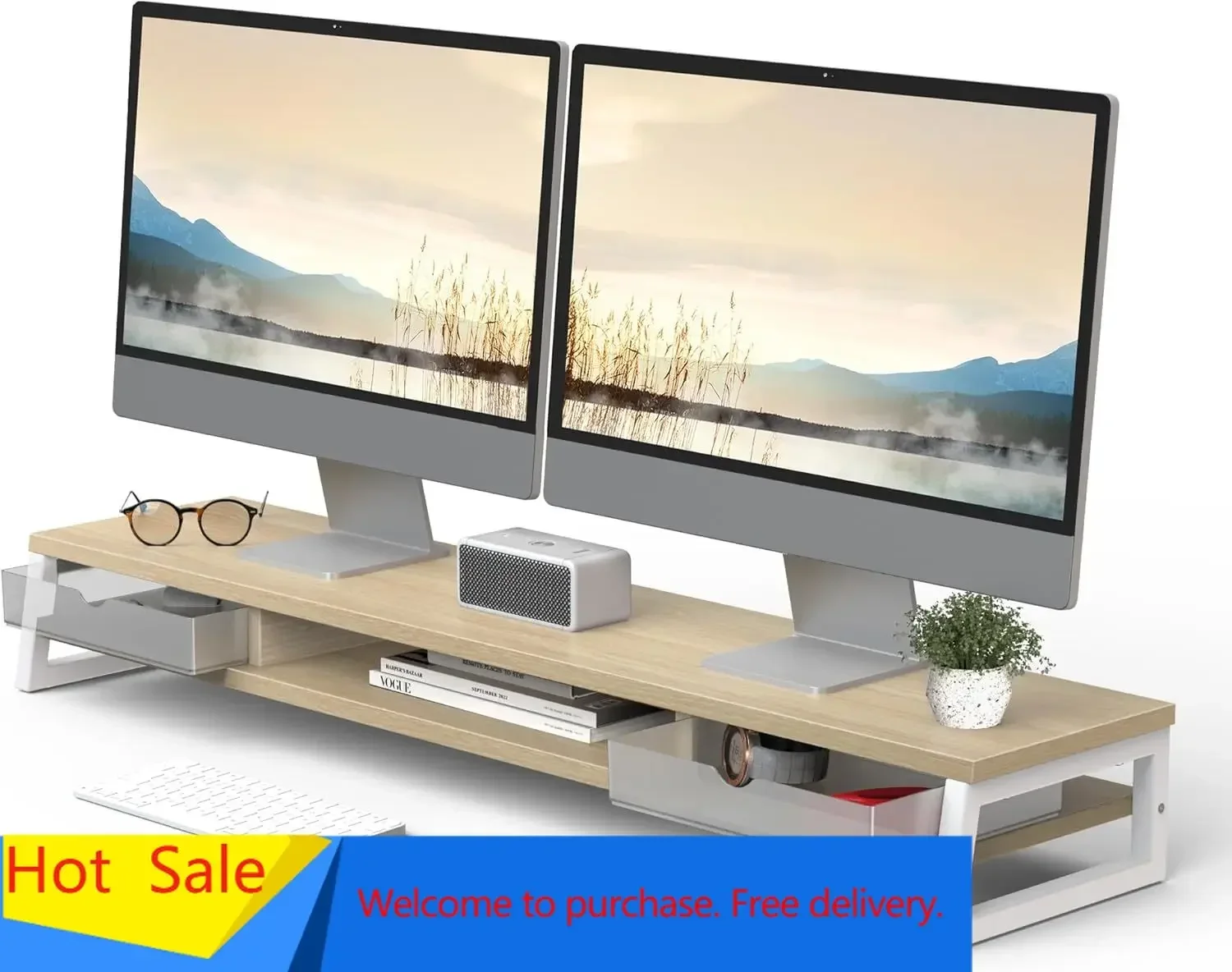 Dual Monitor Stand, Monitor Riser with Drawer, 42.5 Inch Large Computer Monitor Stand for 2 Monitors, 2 Tier Wooden Desk Shelf f
