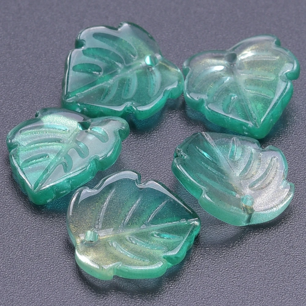 30/50PCS Mini Glass Leaf Beads Transparent Dark Green Leaf Loose Beads For Jewelry Making DIY Handmade Earrings Accessories Bulk