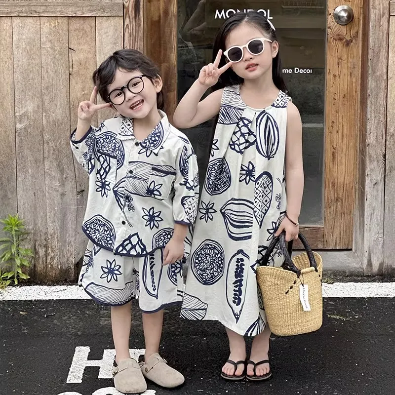2026 Summer Beach Vacation Sibling Matching Outfit Girls Sleeveless Dress Fruit Print Boys Shirt Korean Style Sister Brother Set