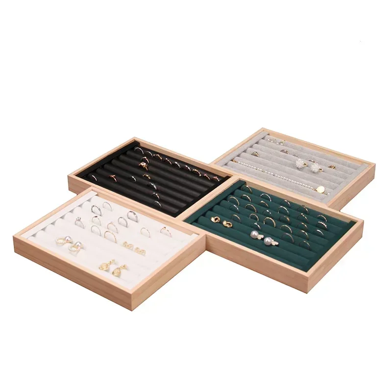 Wood Jewelry Ring Display Tray Holder Storage Earring Organizer Rings Stand for Drawer
