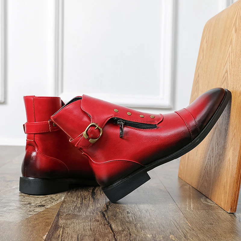 Men Pointed Toe Punk Rivet Buckle Ankle Boots Side Zipper Gradient PU Leather Low Heel Motorcycle Boots Party Casual Dress Shoes