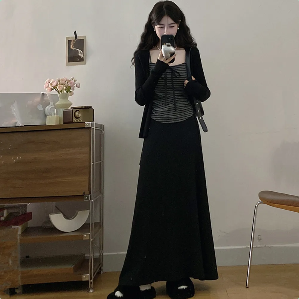 Conjunto de Saia Slimming de Cintura Alta com Cardigan Listrado Aberto, Tamanho Plus, Moda Coreana, Nova Chegada de Outono para Mulheres