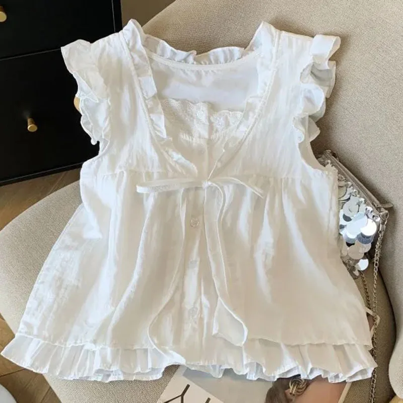 

Korean Patchwork Blouse Women Summer Fashion Sweet Casual Loose Lace Up Tops Ruffles Sleeveless Chic Cute Lady V Neck Shirt New