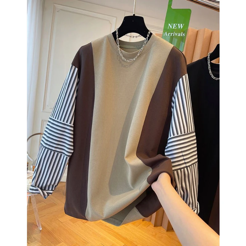 2023 Women Striped Patchwork Oversize Streetwear Sweatshirts Female Autumn and Winter Trend Y2K O Neck Long Sleeve Pullover Tops