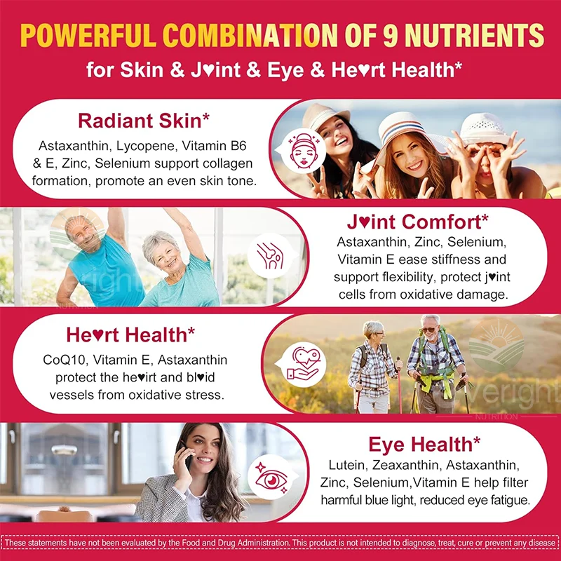 Liposomal Astaxanthin Supplements with Lycopene, CoQ10, Lutein, Vitamin B6, E, Zinc, Antioxidants for Healthy Skin, Eyes, Aging