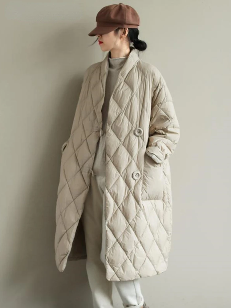 

2023 Winter Arrivals Women Cotton Coats Diamond Lattice Block Big Size Female Long Parkas Loose Lady Overcoats Clothes