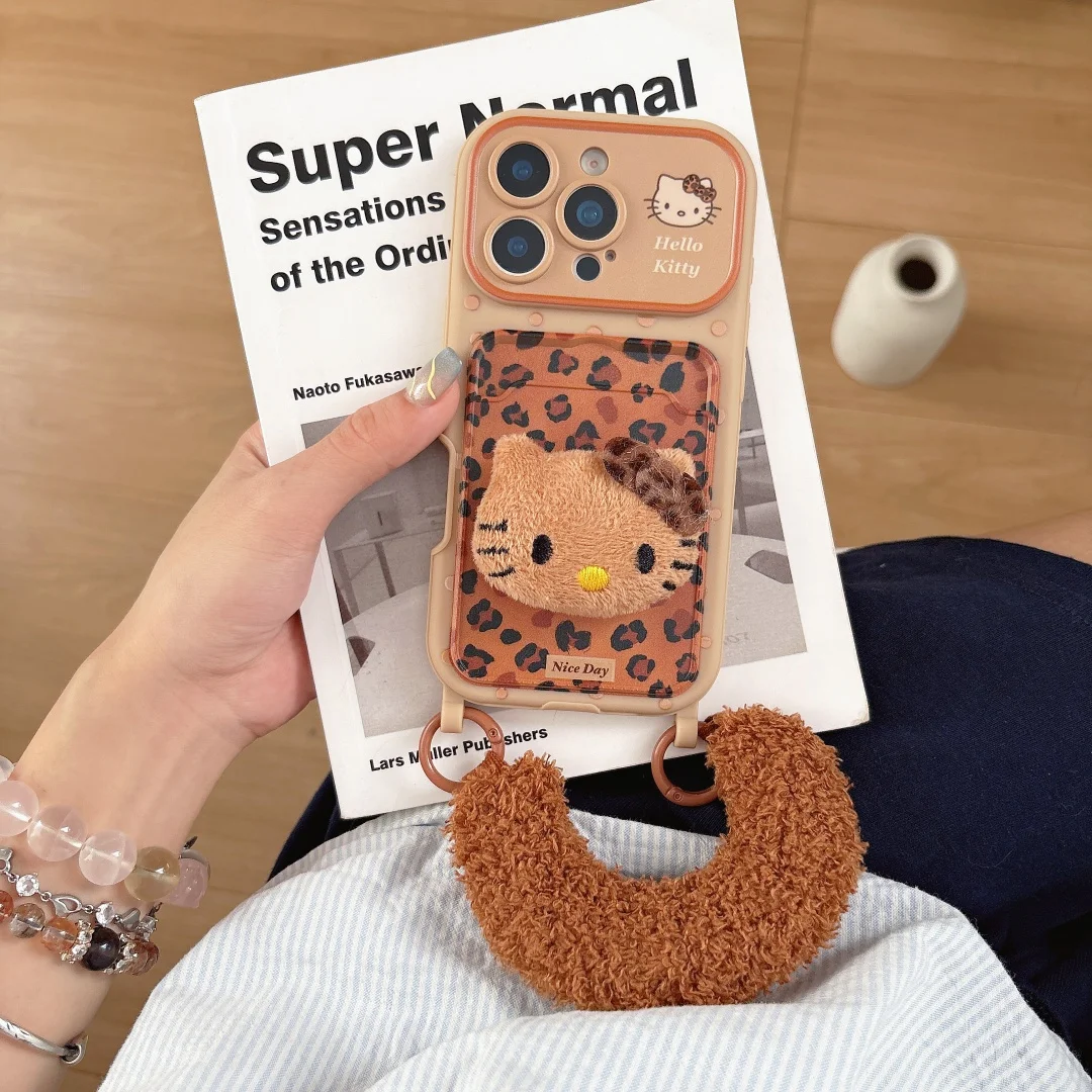 

Maillard style Brown Leopard print Kitty Card Wallet Pocket Phone Case For iPhone 17 16 15 14 Pro Max Plush KT doll Lanyard