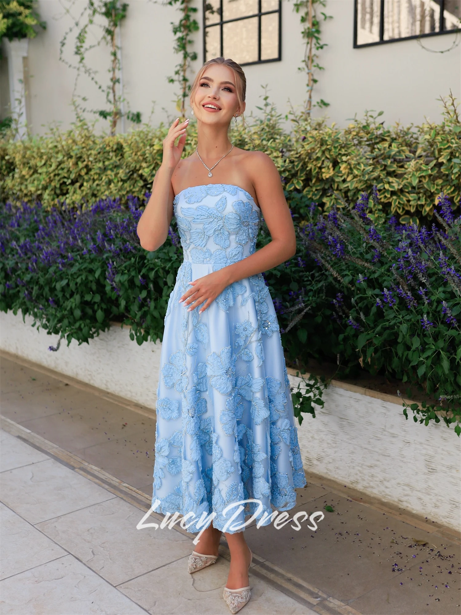 فستان سهرة نسائي أزرق من لوسي زهور ثلاثية الأبعاد فساتين حفلات أنيقة 2025 فساتين لحضور الحفلات الموسيقية للمناسبات الخاصة حسب الطلب