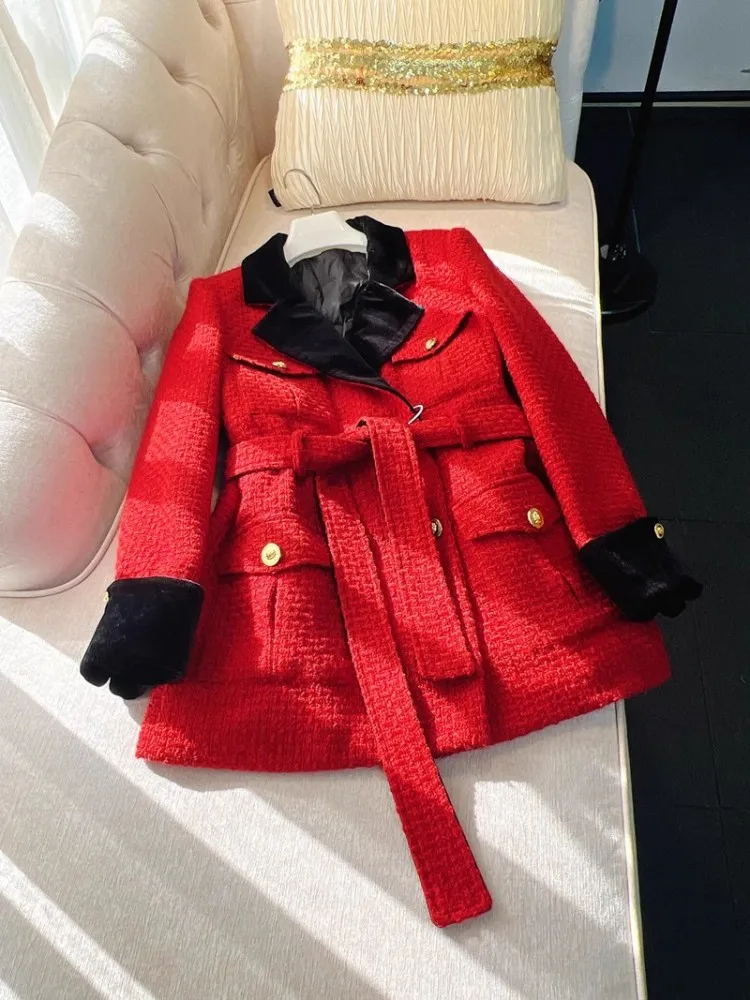 Office Ladies Fashion Red Tweed Down Coat Slim Fit Double Breasted French Style Retro Design Outerwear New Winter Women Jacket