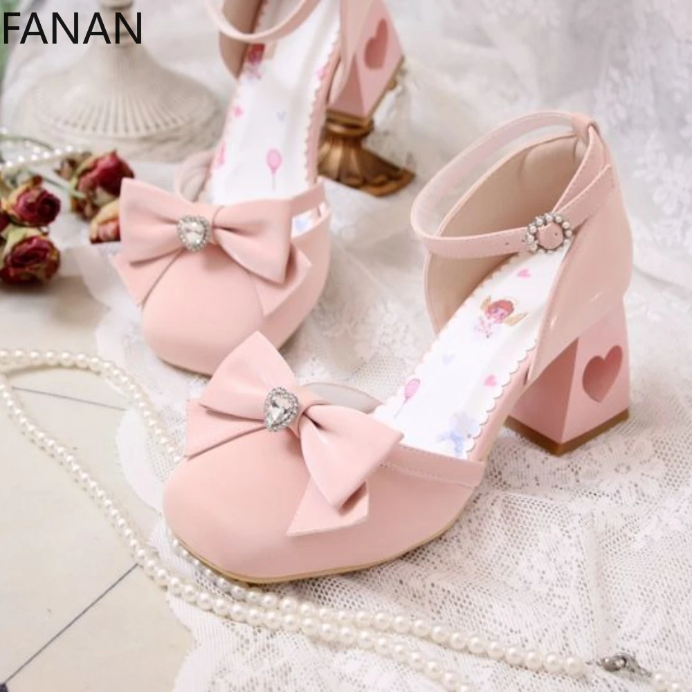 

Lolita High Heel Sandals Shoes Pink Kawaii Bow Diamond Summer Princess Leather Casual Lightweight Slippers