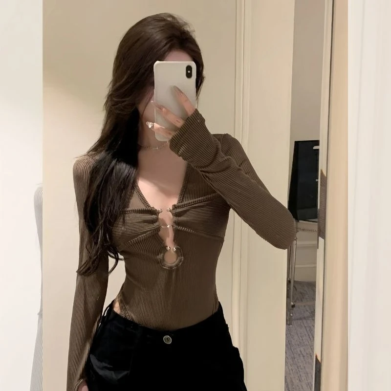 Elegant Sexy V Neck Lace Up Women's Long Sleeved Jumpsuit Chic American Style Trendy All Match Top