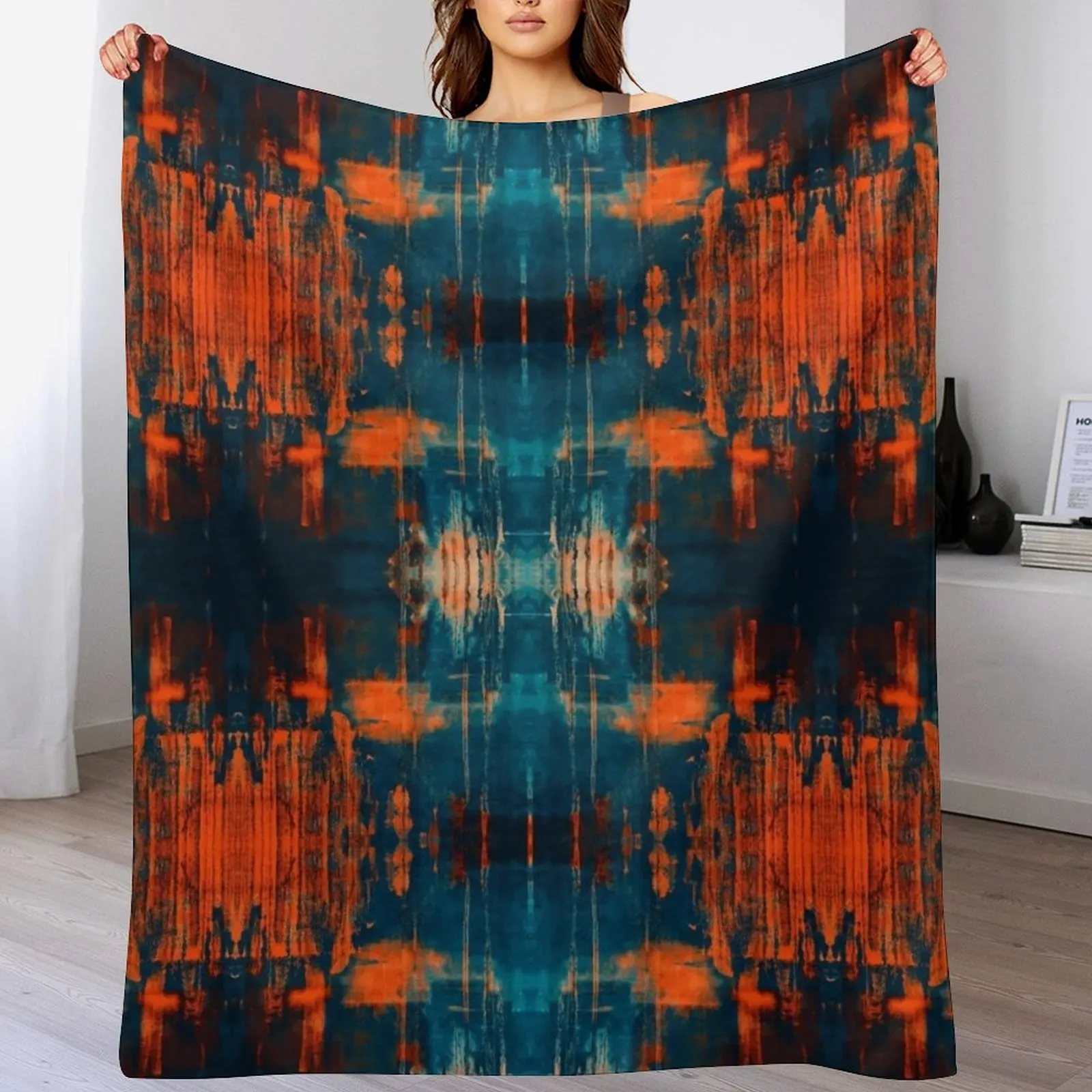 Grunge burnt orange, teal, blue, navy , orange, and black painting grafitti abstract art print Throw Blanket Hairy Blankets