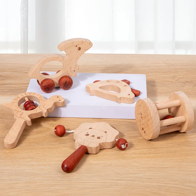 Ensemble de jouets musicaux de dinosaure pour enfants, jouets en bois, hochet Chocalho, clochette, cadeau Montessori, 5 pièces