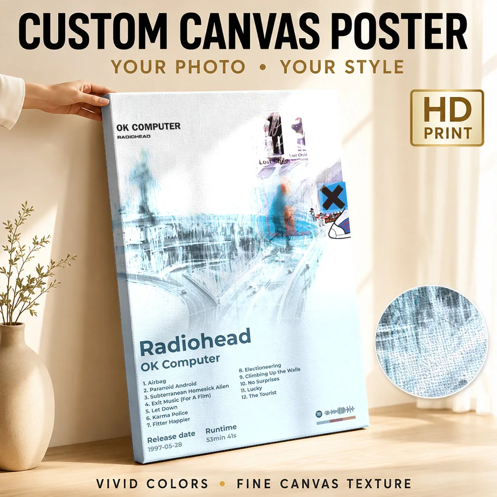 Radiohead OK Computer Album Framed Canvas Poster Grunge Style Canvas Wall Art With Personalized Photo For Bedroom Ideal Fan Gift