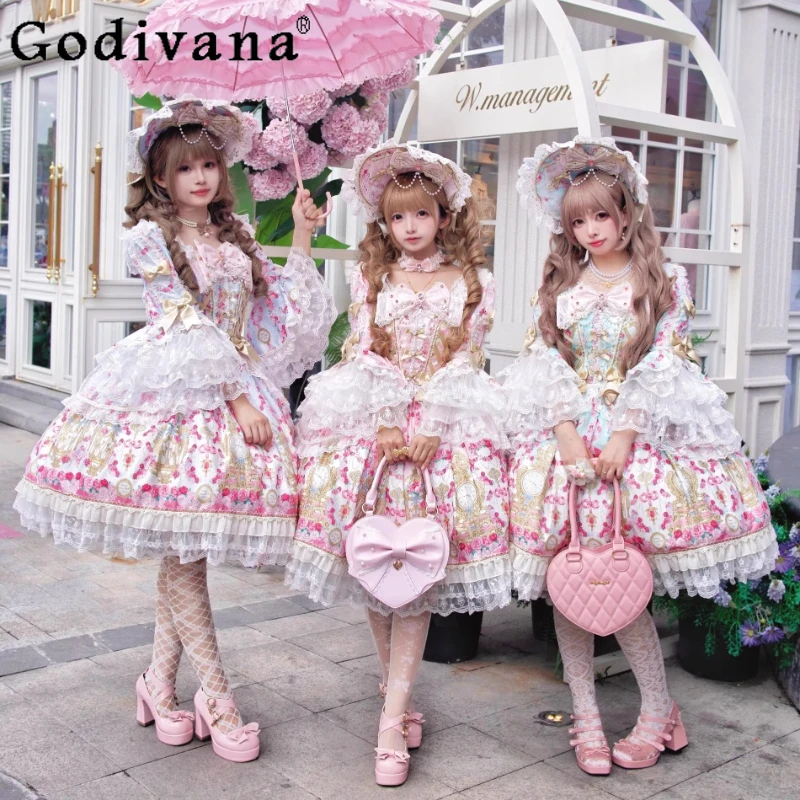 

Original Japanese Sweet Lolita Ji Sleeve Dress Spring and Summer Girls Women Princess Party Dress Lace Bow Print Lolita Dress