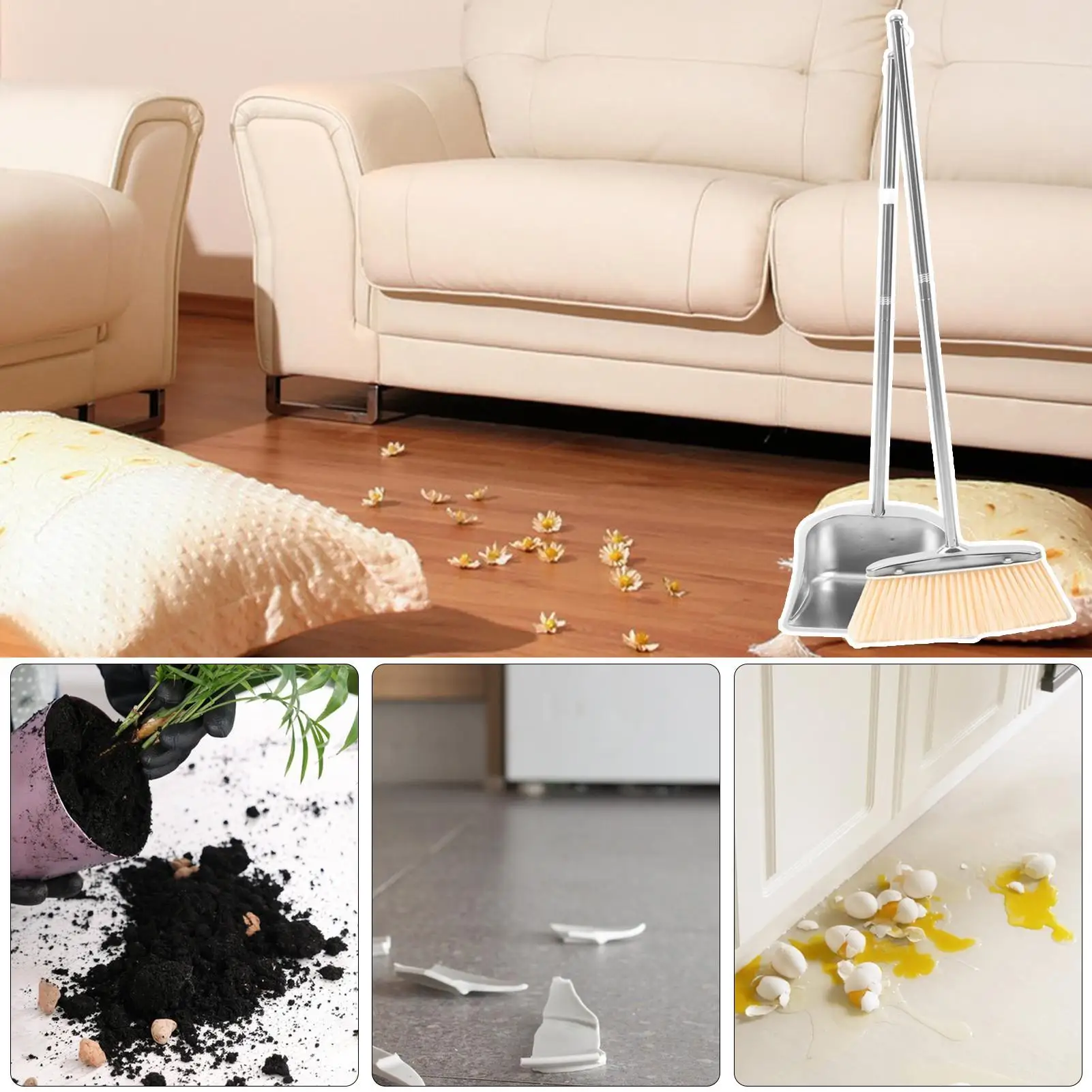 Broom And Dustpan Set Stainless Steel Dustpan Stainless Steel Floor Cleaning Tool For Homeowners Living Room Bedroom Study