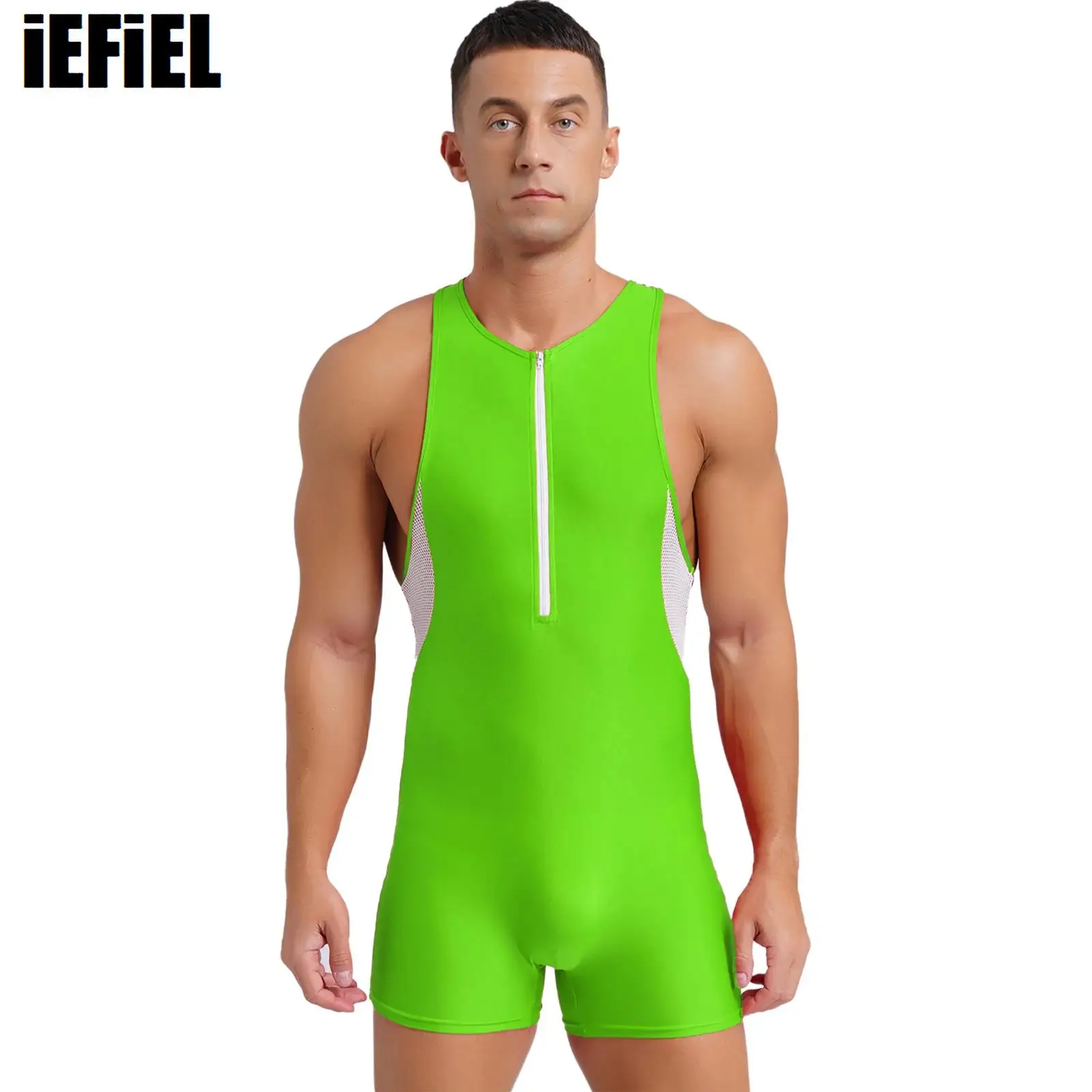 Mens Hollow Out Mesh Patchwork Swimsuit Zipper Jumpsuit Wrestling Singlet Sleeveless Bodysuit for Gymnastics Workout Swimming