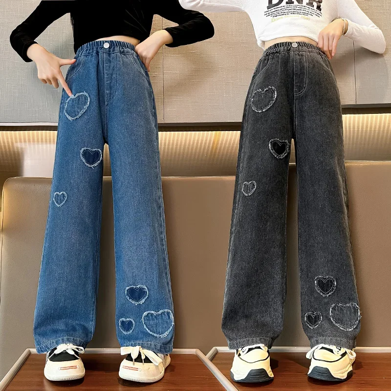 Children Clothes Jeans Denim Pants Spring and Autumn Jeans Embroidered Love Wide Leg Pants Girls Children\'s Clothing Kids Jeans