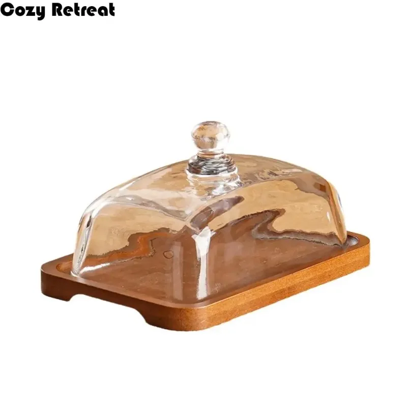 

With Glass Cover Dessert Plate Rectangular Light Luxury Appetizer Plates Show Rack Durable Dustproof Cheese Storage Case Kitchen