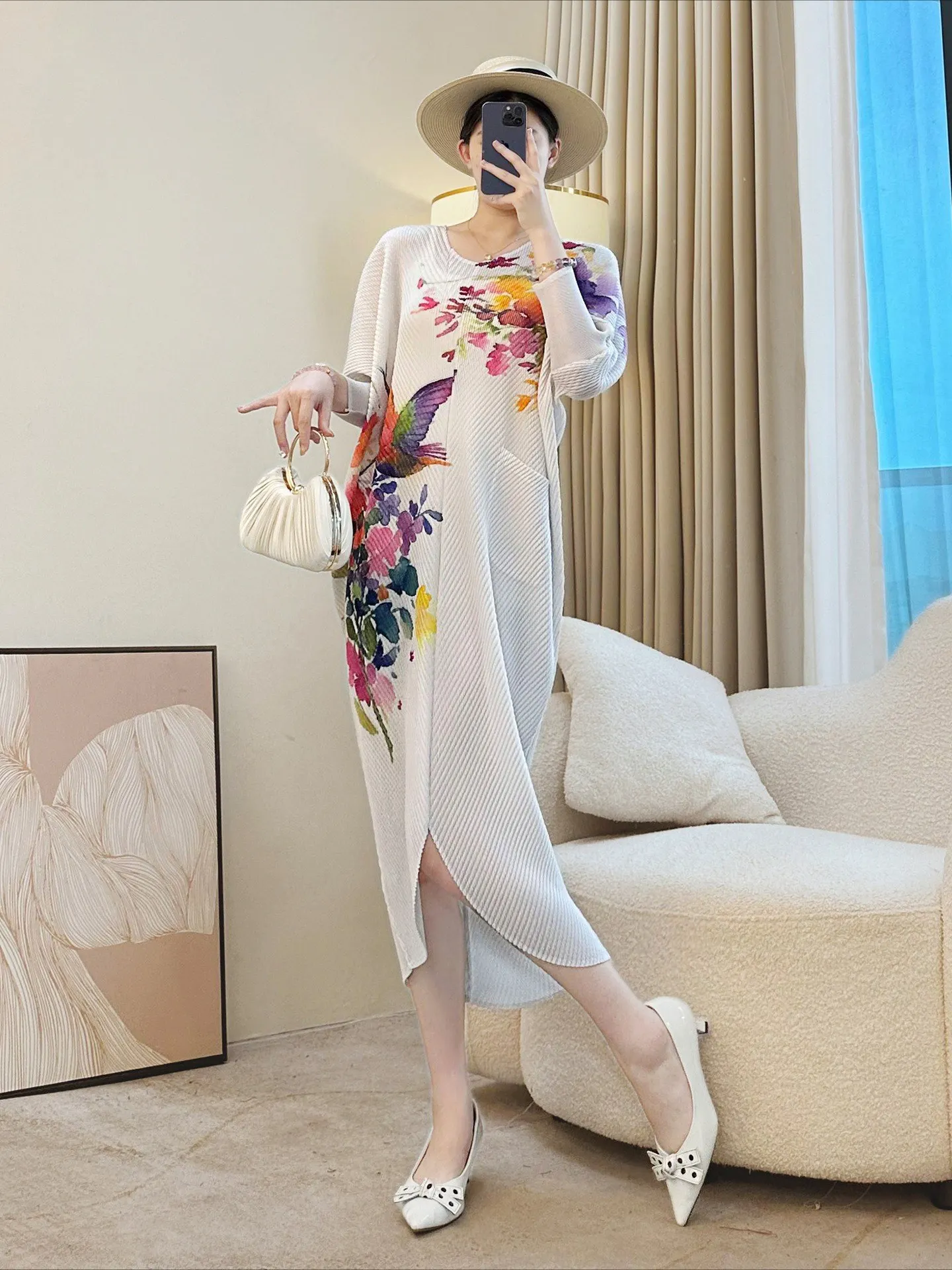 여성용 플리츠 미디 드레스 - 블루 페이즐리 프린트 3/4 소매, 여성 보헤미안 플리츠 드레스 2025 신상품 - 캐주얼 파티웨어