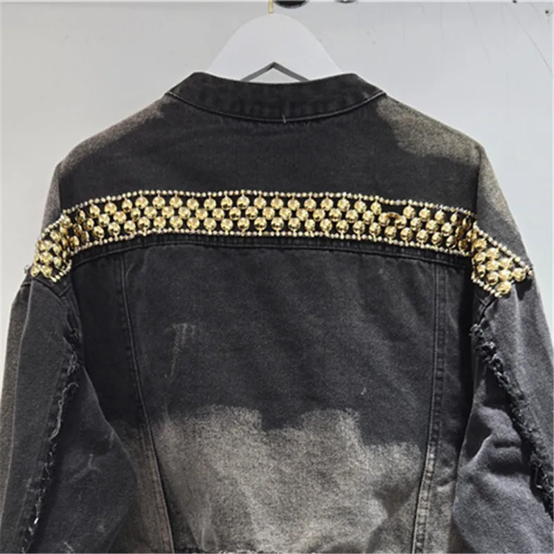 Travail lourd Rivet perlé diamant noir contraste couleur courte veste en jean mode col montant à manches longues Cowboy vêtements d'extérieur