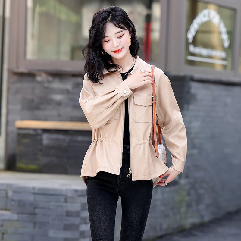 

2023 Jackets for Women Autumn Winter New Leather Jacket Short Drawstring Sheepskin Leather Coats Korean Fit Fashion Coat Chaquet