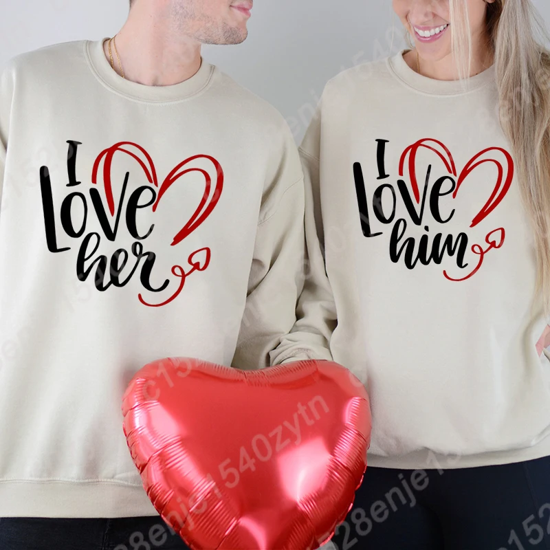 I Love Him I Love Her Print Long Sleeves Pullover Matching Couple Sweatshirts Mr & Mrs Sweatshirt Engagement Honeymoon Pullovers