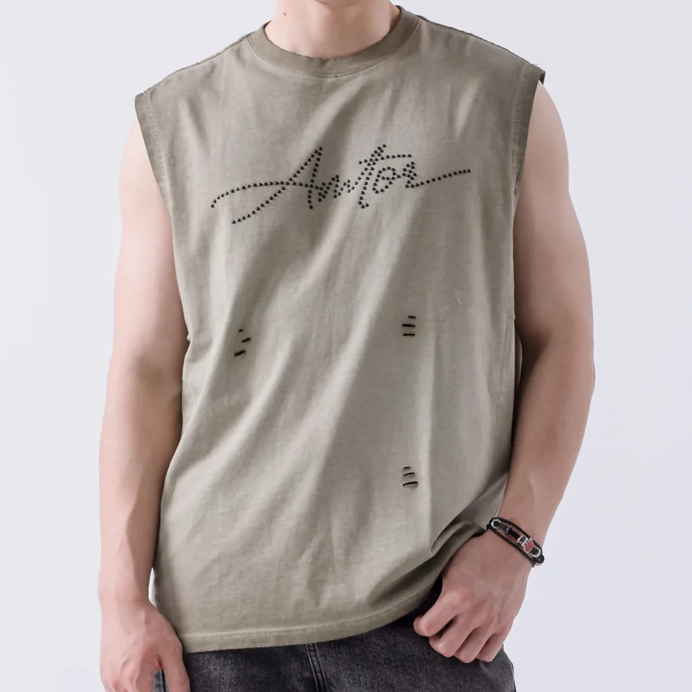 

Vintage Rhinestone Dirty Wash Frayed Edge Split Tee Retro Vest Distressed Sleeveless T-shirt