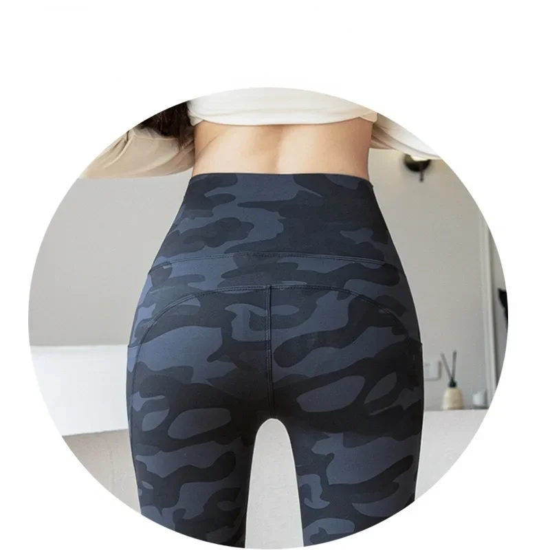 Mulheres camo tubarão calças de cintura alta bolso leggings tamanho grande elástico calças casuais moda magro yoga calças fitness