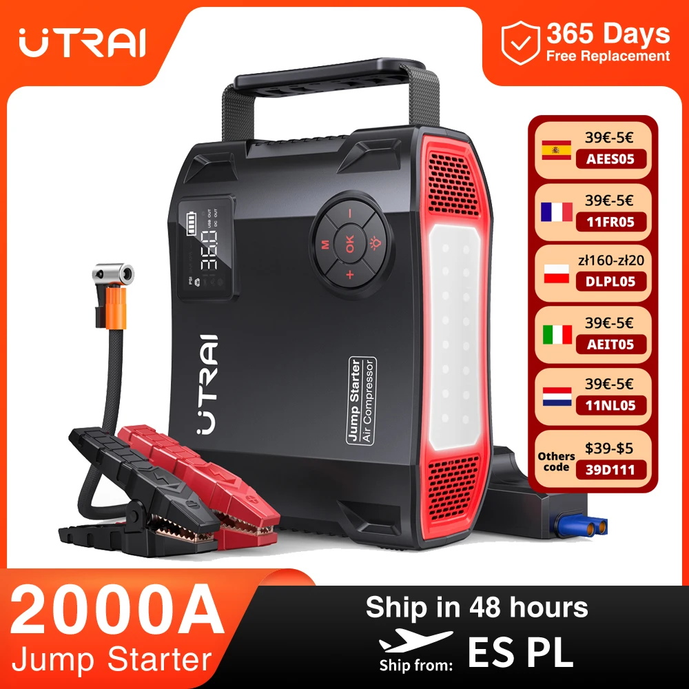 UTRAI 4 In 1 2000A Jump Starter Power Bank 16000mAh 150PSI Air Compressor Tire Pump Portable Charger Car Booster Starting Device