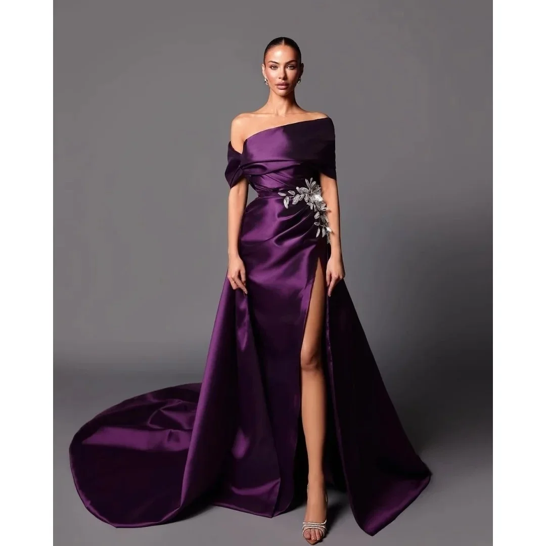 

Customized 2026 Purple Glitter Side Slit Off The Shoulder Prom Dress Backless vestidos de noche Trailing Formal Evening