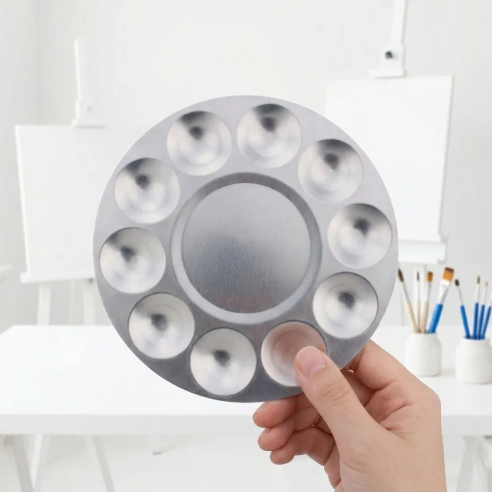 Aluminium Material Watercolor Paint Palette Round Shape 10 Compartments Oil Paint Palette Washable Metal Construction