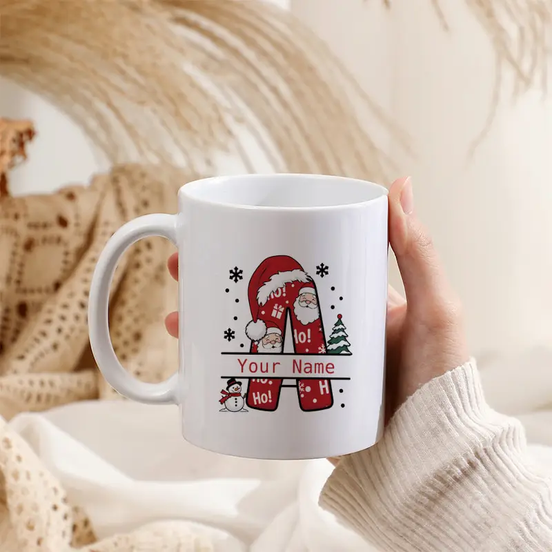 Custom Name Christmas Monogram Letter A-Z Mug Santa Claus Ho Ho Ho Snowflake Christmas Tree Ceramic Coffee Cup Holiday Gift