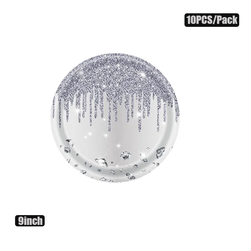 Silber-Glitzer Einweg-Geschirrset Luxuriöse Diamant-Pappteller Becher Servietten Tischdecke Hochzeit Brautparty Partyzubehör – Detail 10