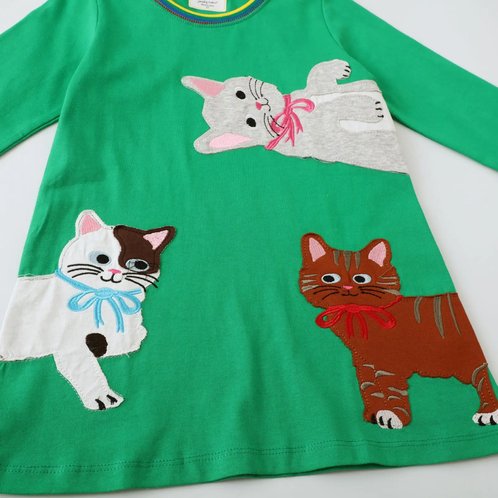 Jumping Meters Long Sleeve Children\'s Dresses Animals Cats Embroidery Autumn Party Girls Frocks Cotton Clothing Toddler Costume