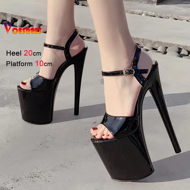

Summer Patent Leather 20cm Platform Sandals Women High Heels Pole Dancing Shoes Extreme Black Nightclub Sandals Plus Size 35-43