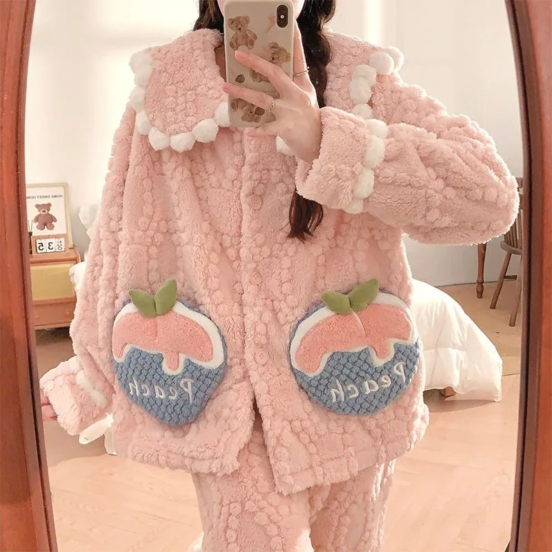 Girls Sleepwear Women's Coral Velvet Autumn Winter Loungewear Famale New Plush Thick Pajamas Set Doll Collar Student Home Outfit
