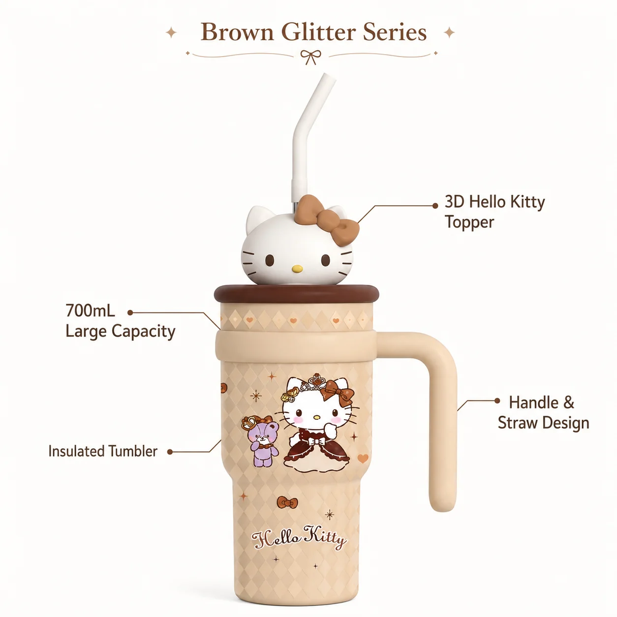 Sanrio Hello Kitty Tumbler Insulated Cup Travel Mug Straw Water Bottle Thermal Coffee Cup Portable Drinkware with Handle Charm