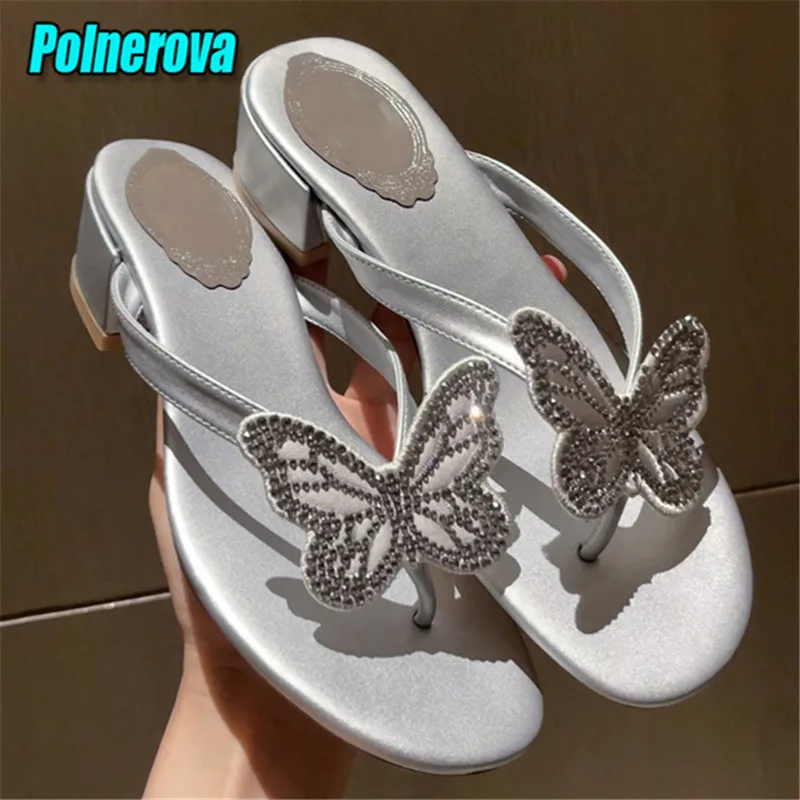 

Butterfly Rhinestone Women's Sandals Summer New Sliver Clip Toe Thick Heel Slippers Flip Flops Beach Party Comfort Female Shoes