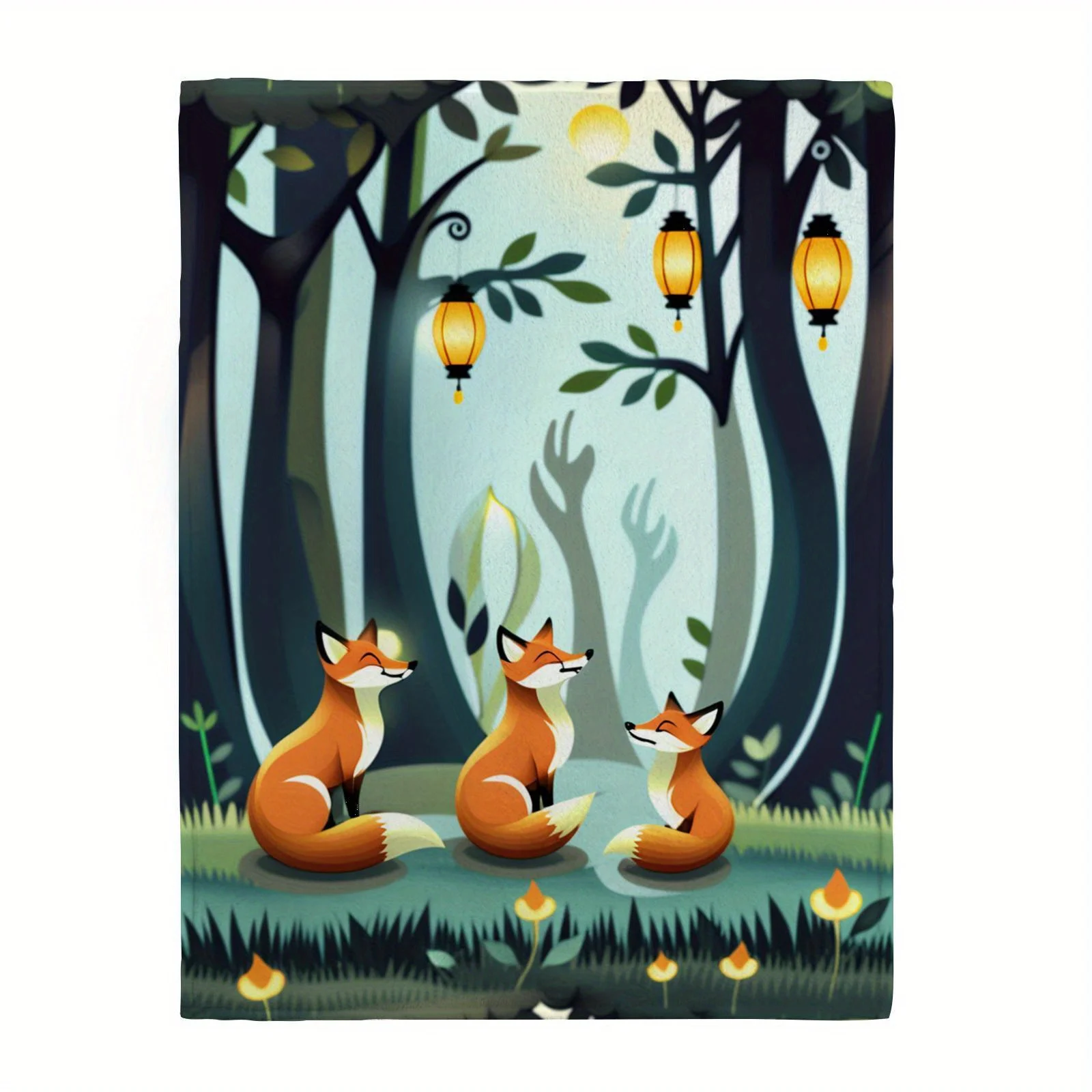 Luxury 280GSM Ultra-Soft Flannel Blanket with Forest Foxes & Lantern Print - Cozy Fox-Themed Bedspread for Couch, Bed, or Travel